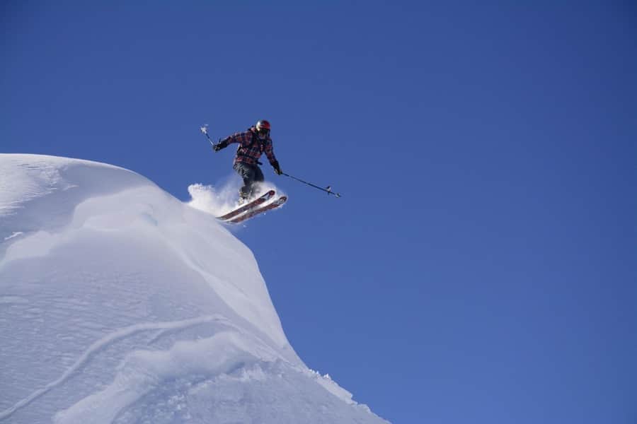professional skier at alltracks on whistler mountain, off-piste ski course